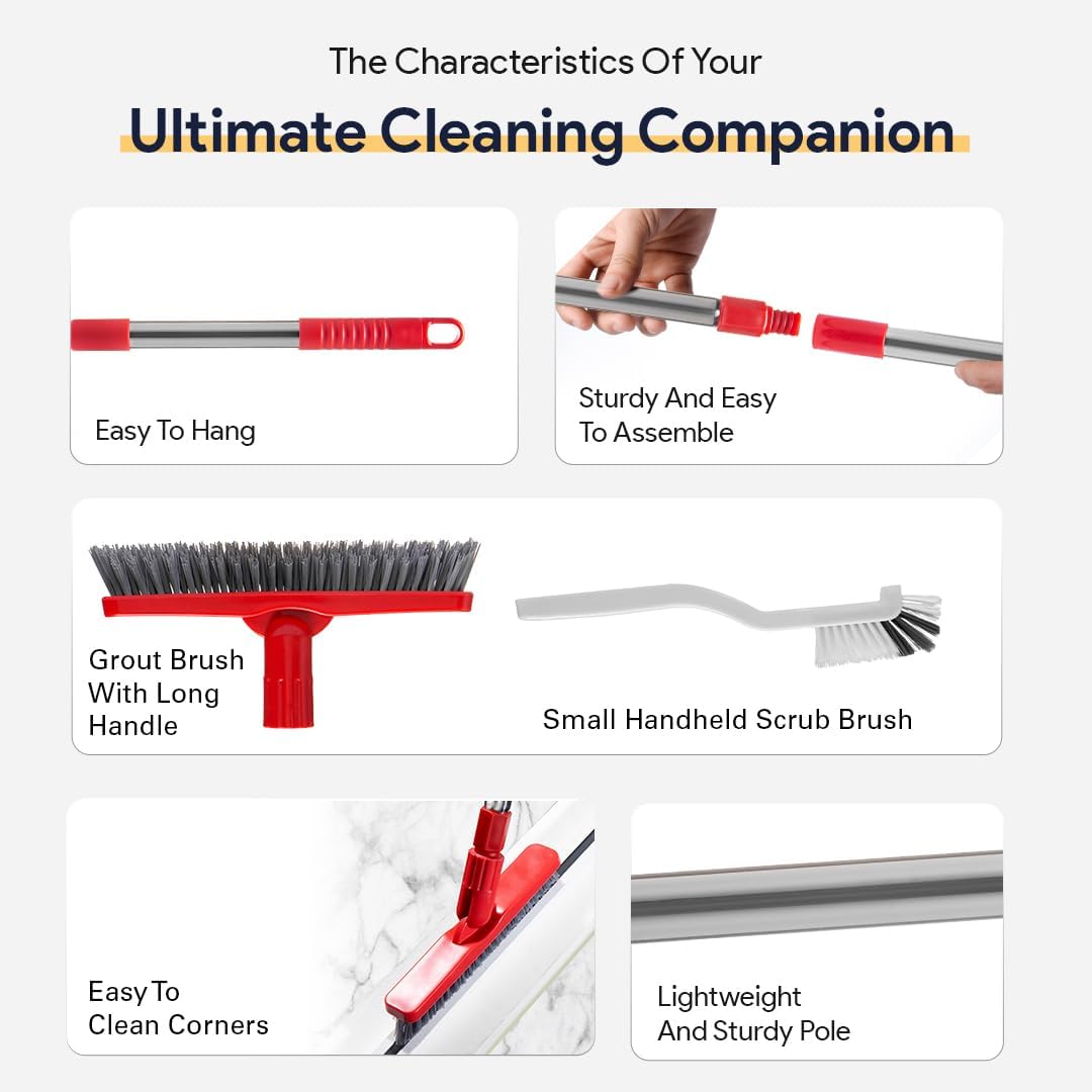 Shower Scrubber with Long Handle, Stiff Bristles Grout-Brush, Tub Scrub-Brush with Long-Handle, Shower-Cleaner Brush, Grout Cleaning Brush for Tile floors, Scouring Pad & Microfiber Cloth for Bathroom
