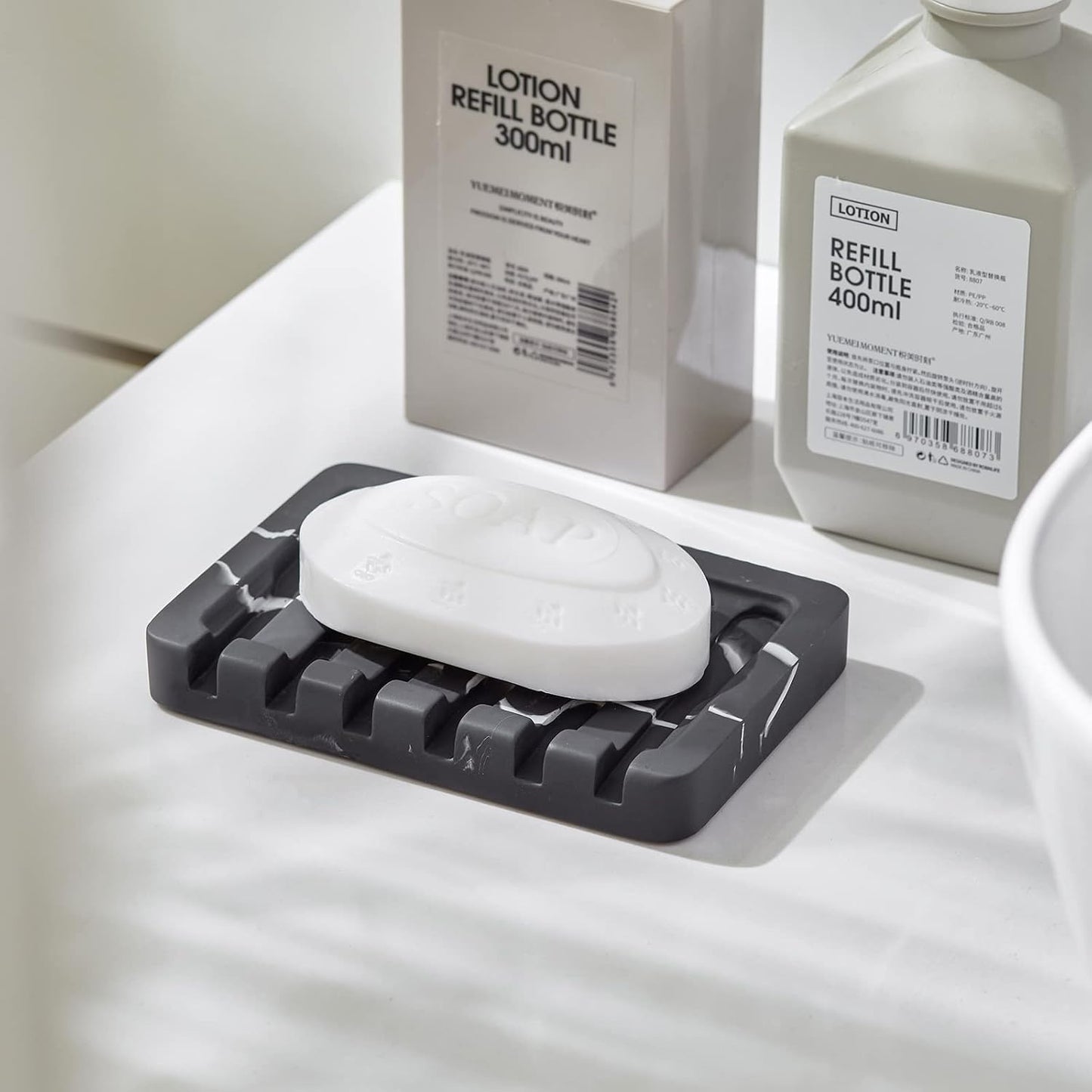 INIUNIK Self Draining Soap Dish - Marble Look Soap Holder Tray Savers Box Container Sponge Holder for Bathroom Shower Kitchen, White