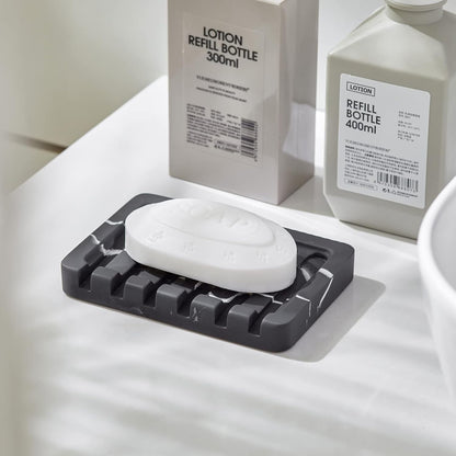 INIUNIK Self Draining Soap Dish - Marble Look Soap Holder Tray Savers Box Container Sponge Holder for Bathroom Shower Kitchen, White