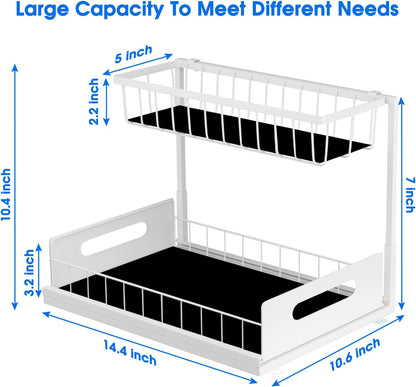 Under Sink Organizer, 2 Tier Pull-Out Cabinet Storage Shelf, Rust-Resistant Metal Organizer for Kitchen Bathroom Laundry Room, No Tools Installation, 1 Pack Black