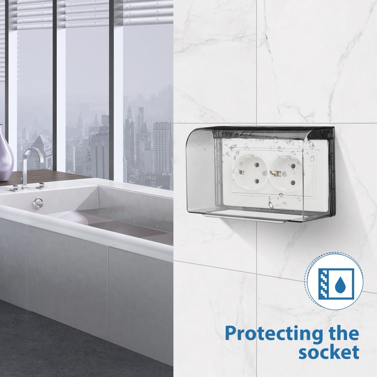 Garneck Waterproof Outdoor Outlet Cover: Weatherproof Double-Gang Electrical Receptacle Protector Box with flip-top design Adhesive wall mount Plug Socket Cover for Home, Kitchen, Bathroom, Patio