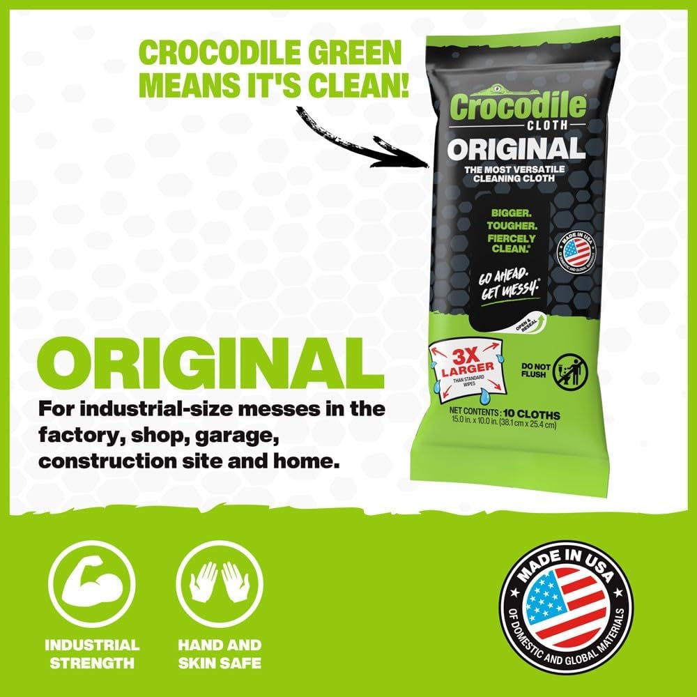 Crocodile Cloth Original Cleaning Wipes, Heavy-Duty Multi-Surface Hand & Tool Wipes, Water-Based, Safe on Skin, 100 Count, 15 x 10 Inch