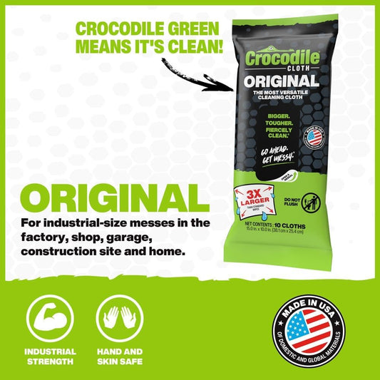 Crocodile Cloth Original Cleaning Wipes, Heavy-Duty Multi-Surface Hand & Tool Wipes, Water-Based, Safe on Skin, 100 Count, 15 x 10 Inch