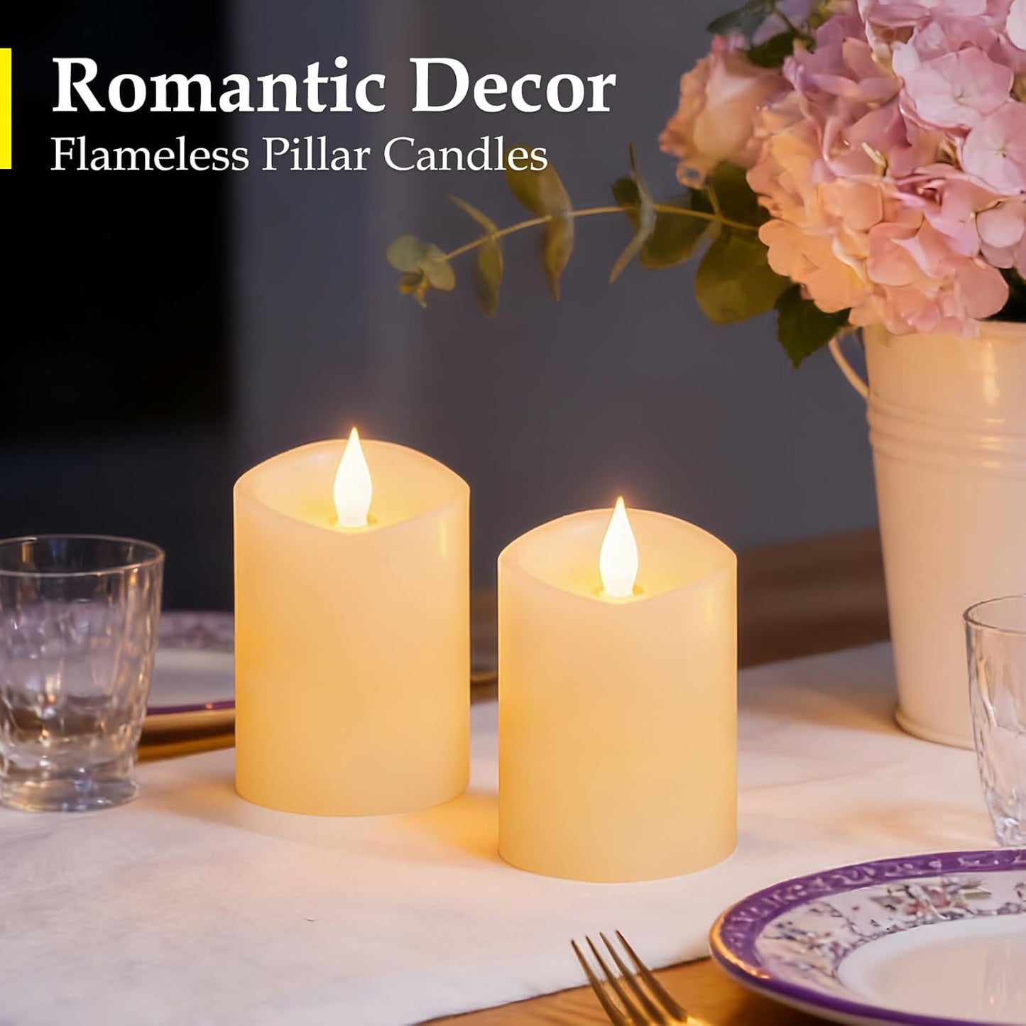3"x4" Flickering Flameless Battery Candles with Timer, White Realistic LED Pillar Candles, Set of 2 Large Remote-Operated Candles for Home Indoor/Outdoor & Holiday Decor