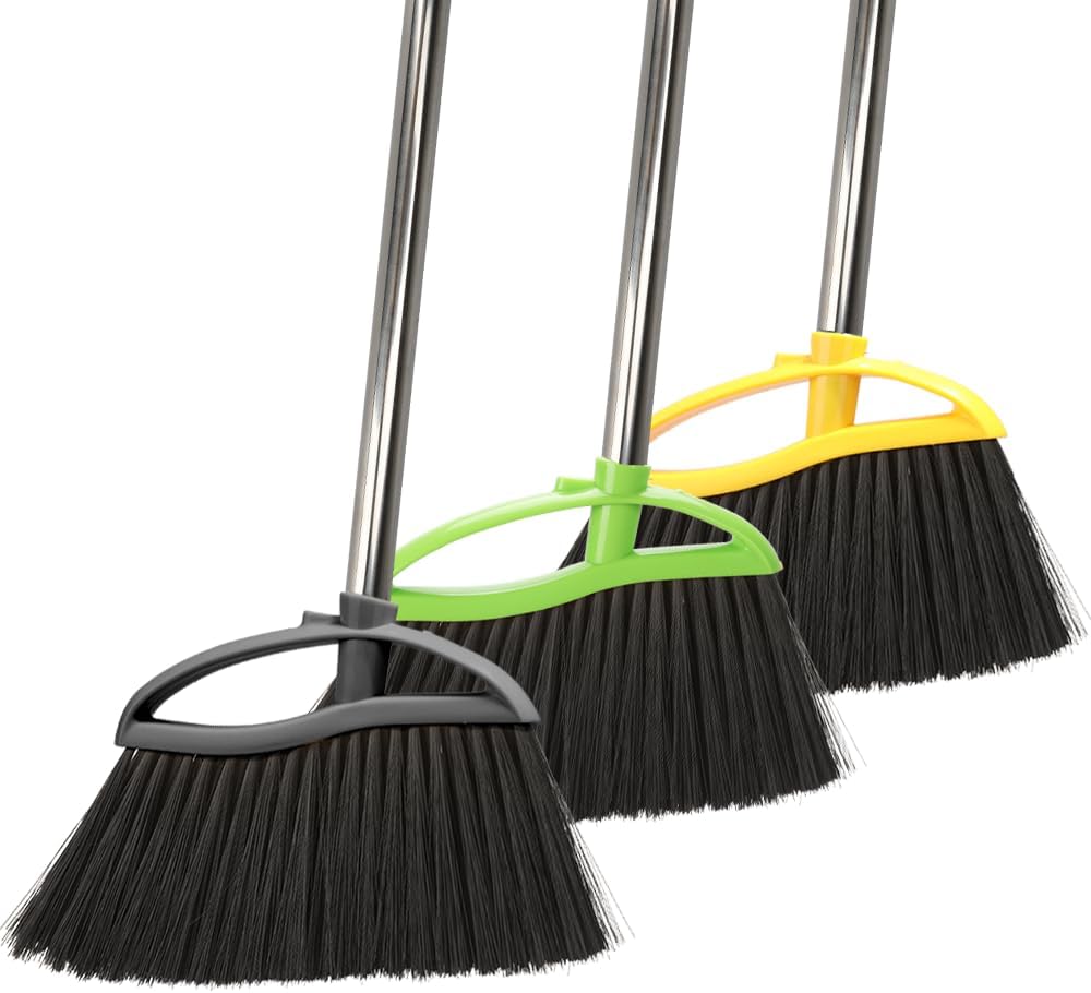 3 Pack Wide Heavy Duty Angle Broom - Stiff Bristle Outdoor Brooms for Sweeping Patio, Garden, Garage, Yard (Black, Yellow, Green)