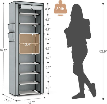 VILICK Shoe Rack with Cover Narrow Shoe Organizer with 4 Side Pockets 10 Tier Tall Shoe Storage Holds 18-22 Pairs Shoes and Boots Shoe Rack for Closet Entryway Garage