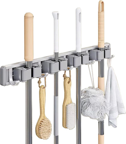 Broom Holder Wall Mount Movable Hooks and Clips Mop and Broom Hanger Wall Mounted Aluminum Garage Tool Organizer Storage Adhesive (Silver: 5 clips with 6 hooks)