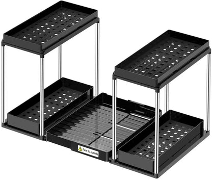 NIUXX Expandable Under Sink Organizer: 2 Tier Height Adjustable Under Cabinet Organizer - Double Pull Out Shelf Under Sink Storage for Kitchen - Bathroom and Laundry Room - Space Saving