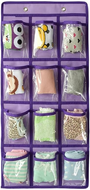 Classroom Pocket Chart For Cell Phones Calculators Over The Door Hanging Closet Underwear Sock Jewelry Organizer Holder 12 Clear Pockets (PURPLE)