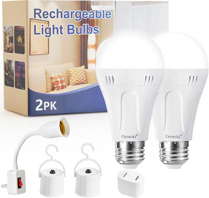 Ostwiki Rechargeable Light Bulbs,2 Pack Emergenecy Light Bulbs for Power Outage A19 E26 9W 6500K White Battery Backup Soft Light Bulb for Lamps Home Power Failure Hurricane,Blizzard