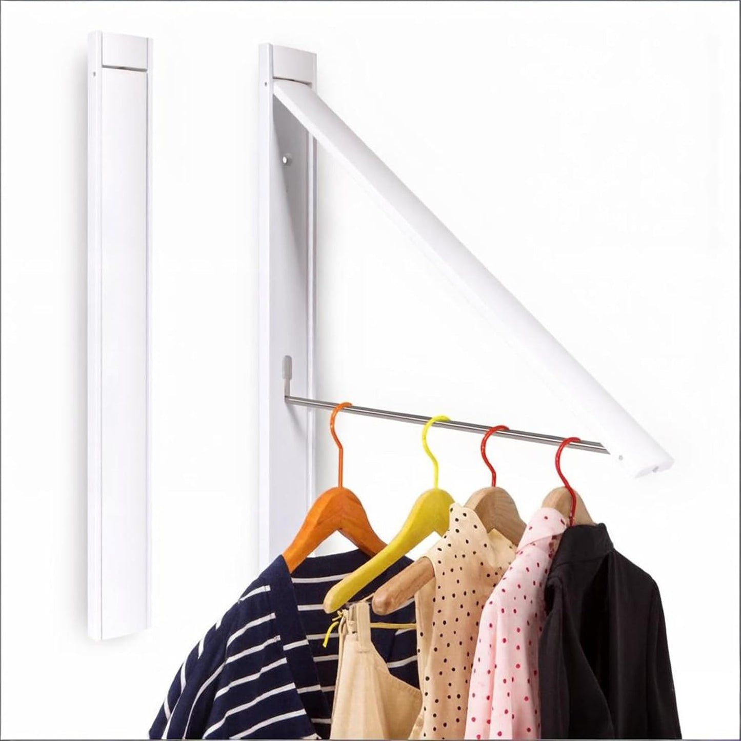 No Drill Wall Mounted Drying Rack 65 lb Aluminum, White | Wall rack folds flat to 0.39 inch. Holds 8-11 shirts. Pearl white finish for apartment, bathroom, RV, dorm.