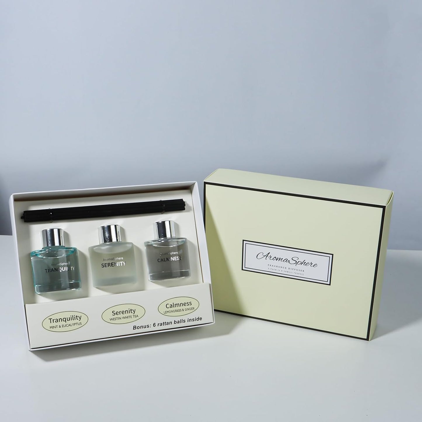 Reed Diffuser Set of 3 | Aromatherapy Fragrance Oil | 12 Sticks and 6 Rattan Balls, 3 x 50ML | Home, Office, Bathroom, Bedroom Essentials (Eucalyptus, Jasmine, Lemongrass, Sky Blue)