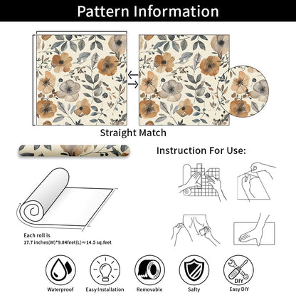 Floral Peel and Stick Wallpaper, 17.71" x 118.1" - Removable, Waterproof, Decorative Vinyl Wallpaper for Bedroom, Living Room