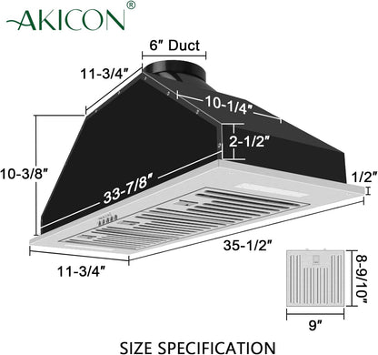 Range Hood Insert/Built-in 36 inch,Ultra Quiet Powerful Vent Hood with LED Lights, 3 Speeds 600 CFM, Stainless Steel - Akicon