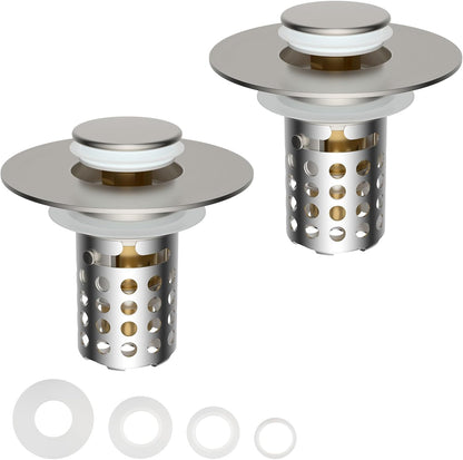 Universal Bathroom Sink Drain Strainer Hair Catcher, Brushed Nickel | Upgraded with Removable Stainless Steel Filter Basket, 3 in 1 Pop Up Sink Stopper for 1.1''~2.36'' Sink Basin Hole