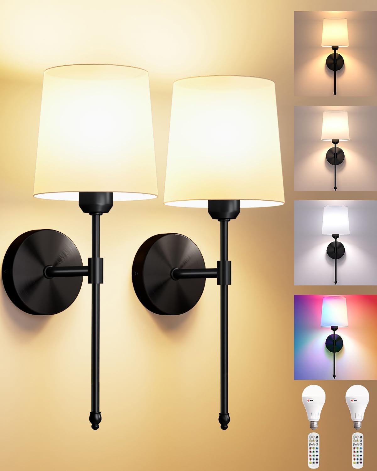Ouyulong Battery Operated Wall Sconces Set of 2, Wireless Rechargeable Dimmable Wall Light with RGB Bulb and Remote for Bedroom, Living Room, Hallway (Gold)