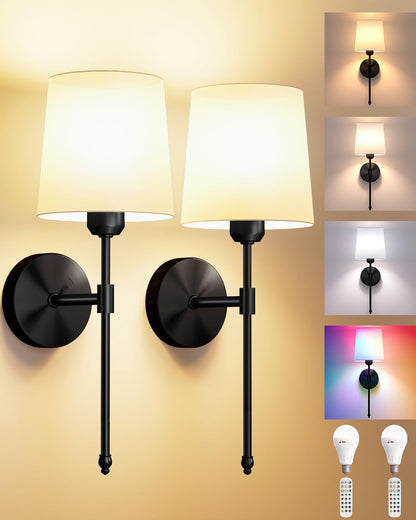 Ouyulong Battery Operated Wall Sconces Set of 2, Wireless Rechargeable Dimmable Wall Light with RGB Bulb and Remote for Bedroom, Living Room, Hallway (Gold)
