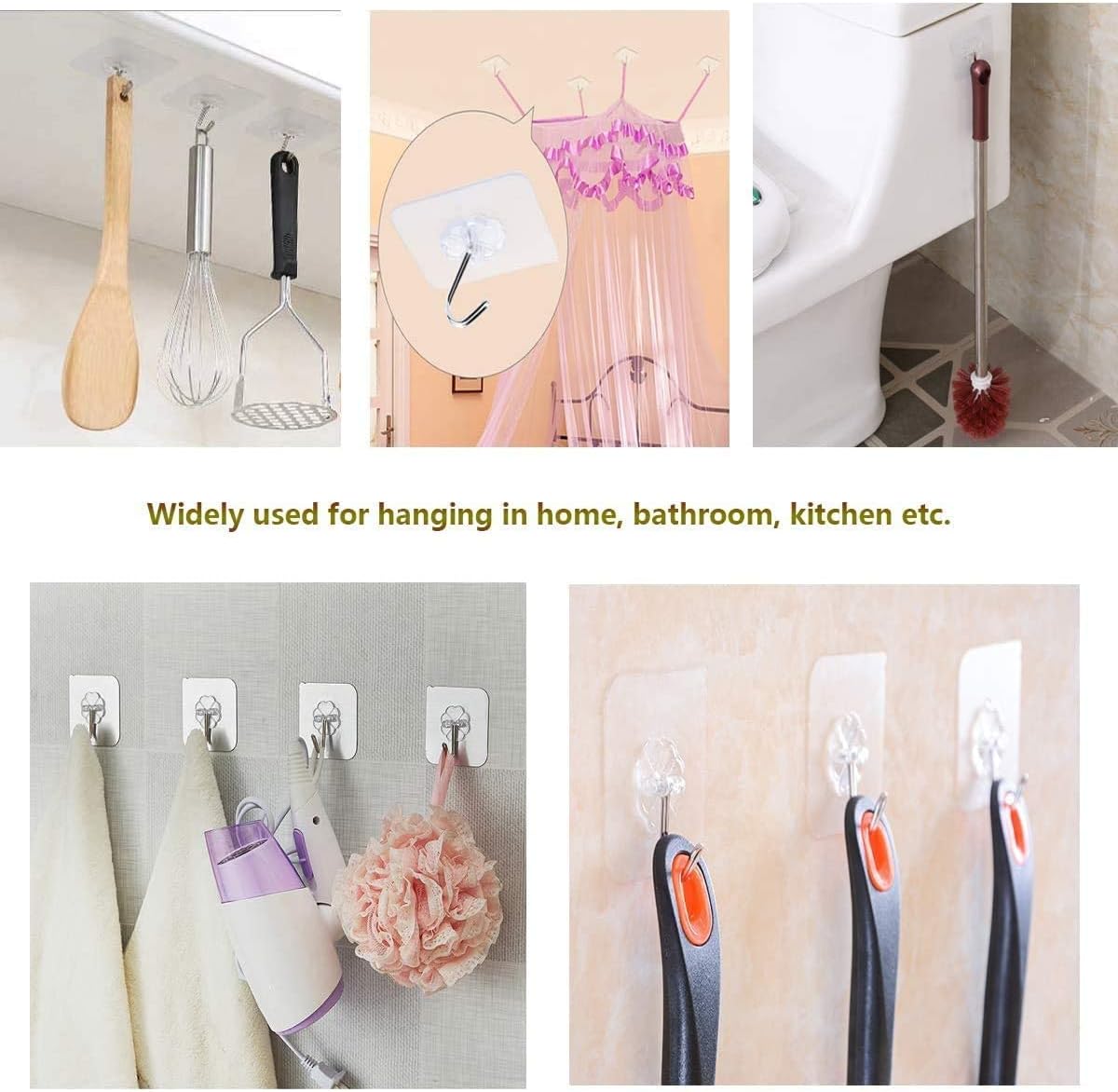 20 Pack Transparent Adhesive Hooks 33 lb(Max) 15KG Waterproof and Oilproof Reusable Seamless Hooks Heavy Duty Wall Hook for Kitchen Bathroom Office