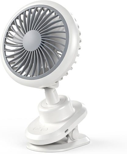 USB Clip On Fan, 180° Auto Oscillation 4-Speed Rechargeable Personal Fan with 3600mAh Battery, Quiet Brushless Motor, 3.2cm Strong Clip for Home, Office, Bedroom, Camping, Travel White