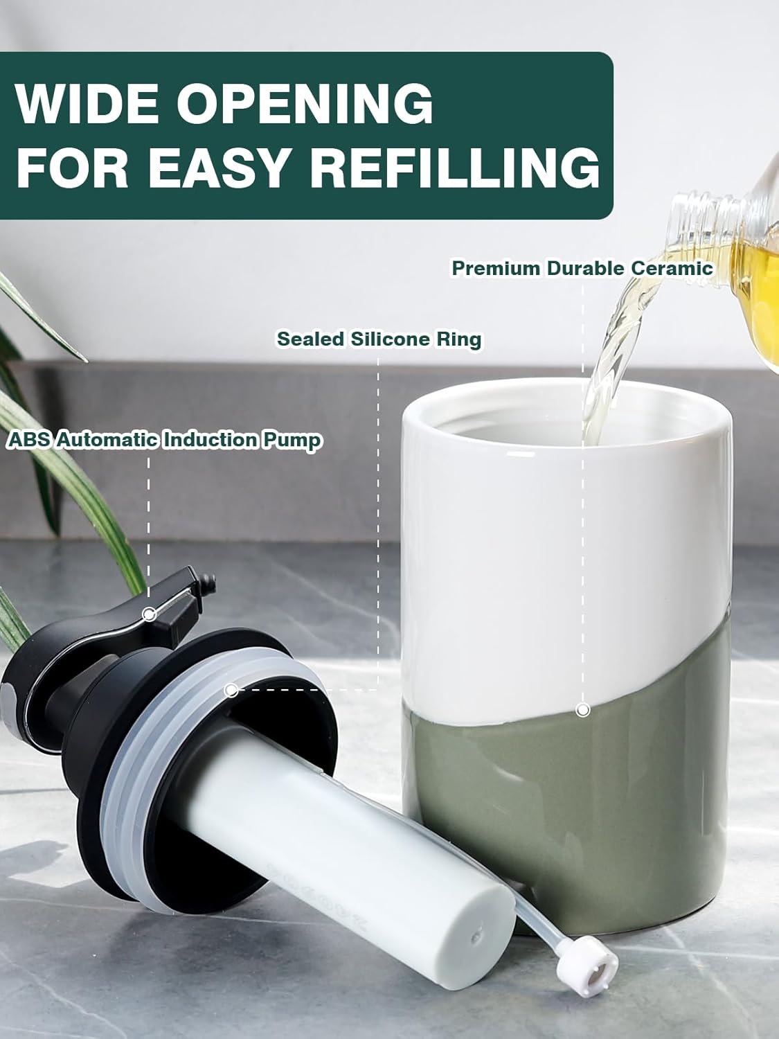 BosilunLife Automatic Soap Dispenser Ceramic Hand Free Soap Dispenser with Waterproof Pump Rechargeable Smart Electric Lotion Soap Dispenser Touchless (White-Green, Foam Pump)