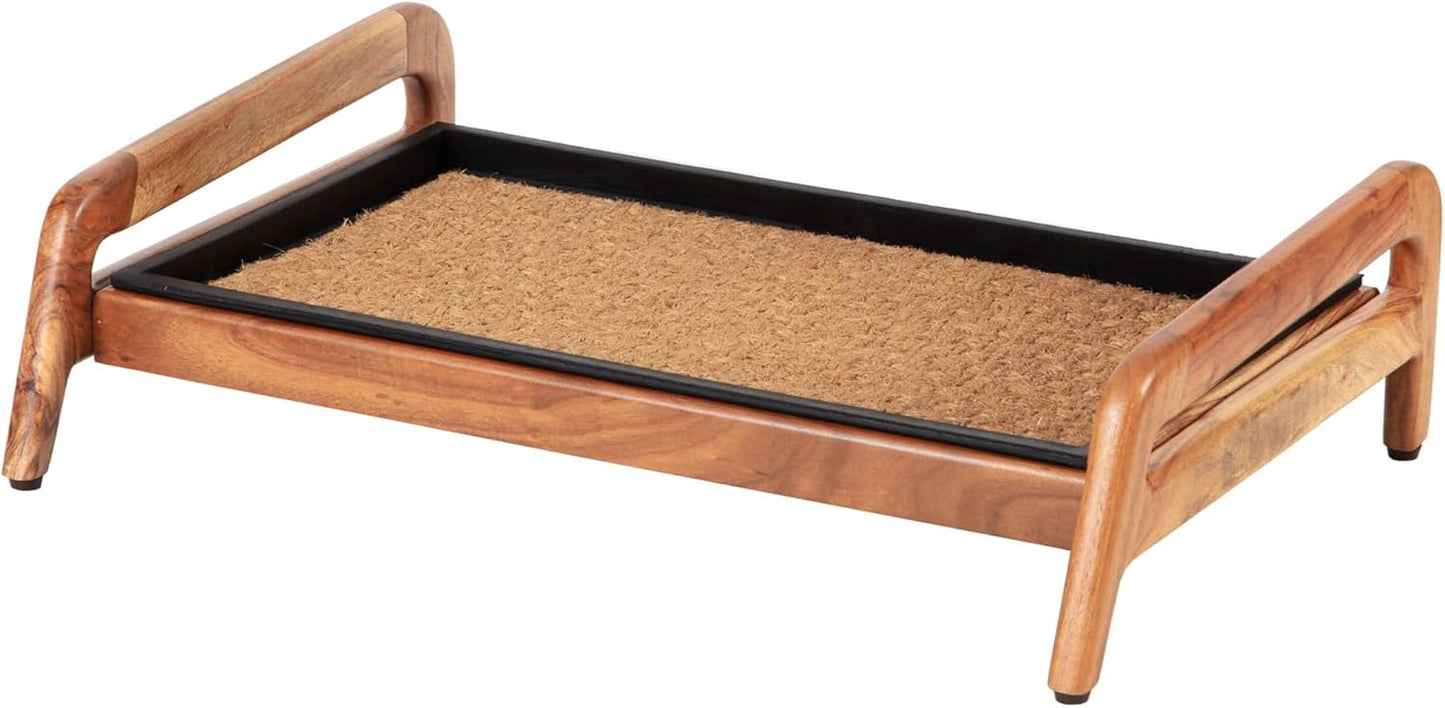 Anji Mountain Heavy Duty Waterproof Wooden Shoe Storage Mat Organizer/Boot Storage Tray Multi Use for Entryway with Coir, Tan Rectangle Embossed Insert, 1 Tier, Fits 2 Pair (26.5" Wide)