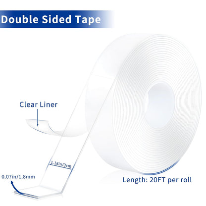 Nano Double Sided Heavy Duty Mounting Tape 2 Rolls, 20FT Total, 120 x 1.18 Inch, Removable Washable Reusable Adhesive Tape for Wall Hanging, Home Decor, Posters, Crafts, Classroom & Office