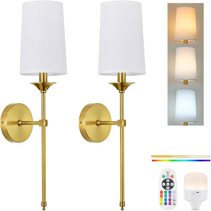 PASSICA DECOR Battery Operated Wall Sconce Set of 2 - Rechargeable Cordless Lights with Remote, Dimmable RGB Timer Wireless Sconces for Bedroom, Living Room, Hallway