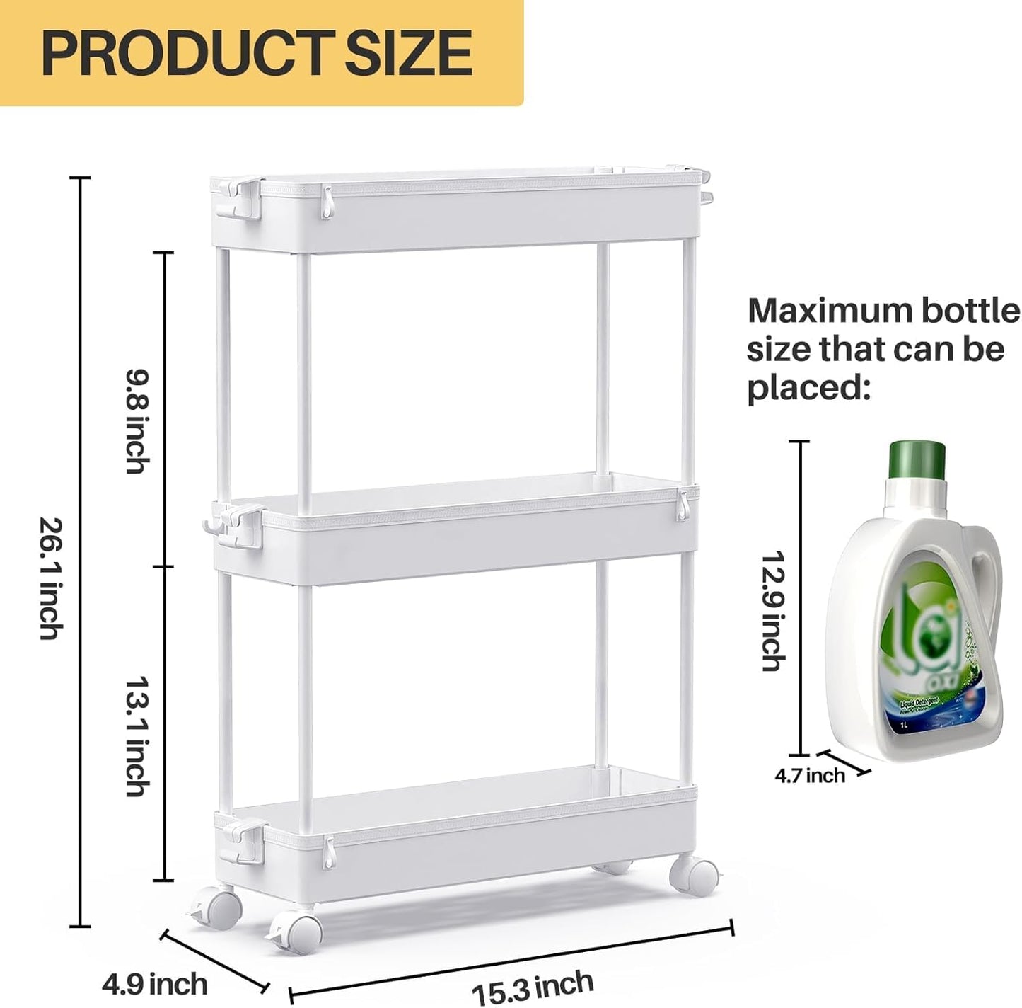 SPACEKEEPER Rolling Storage Cart 3 Tier, Bathroom Cart Organizer Laundry Room Organizer Utility Cart Mobile Shelving Unit Multi-Functional Shelves for Office, Kitchen, Bathroom, White