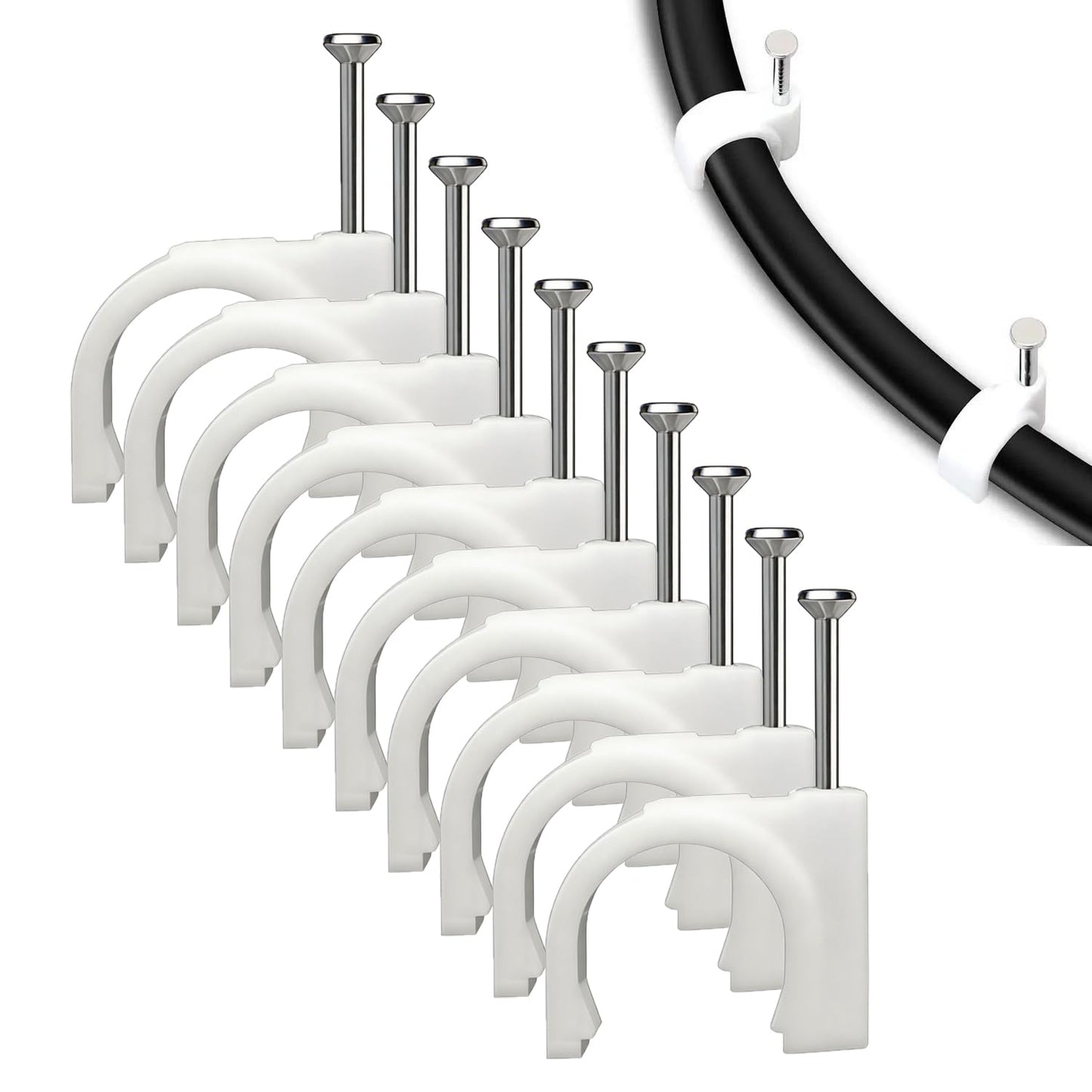 350Pcs White Cable Clips with Steel Nails, Multi Sizes 4-10mm, Wall Mount Wire Holders for Home Office Cable Management