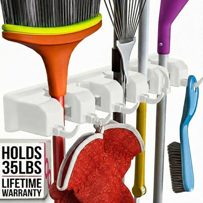 Broom Holder Wall Mount, Mop and Broom Organizer – Wall Mounted Broom Rack & Mop Rack, Rack for Brooms and Mops | Broom Hanger Wall Mount with 5 Slots & 6 Hooks, Kitchen Garage Laundry Garden