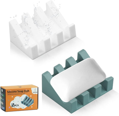 Self Draining Silicone Soap Dish Holder Waterfall Tray, 2 Pack Black | Waterfall design drains fast to keep soap dry, non-slip silicone base anti slide, soap saver for bathroom & kitchen