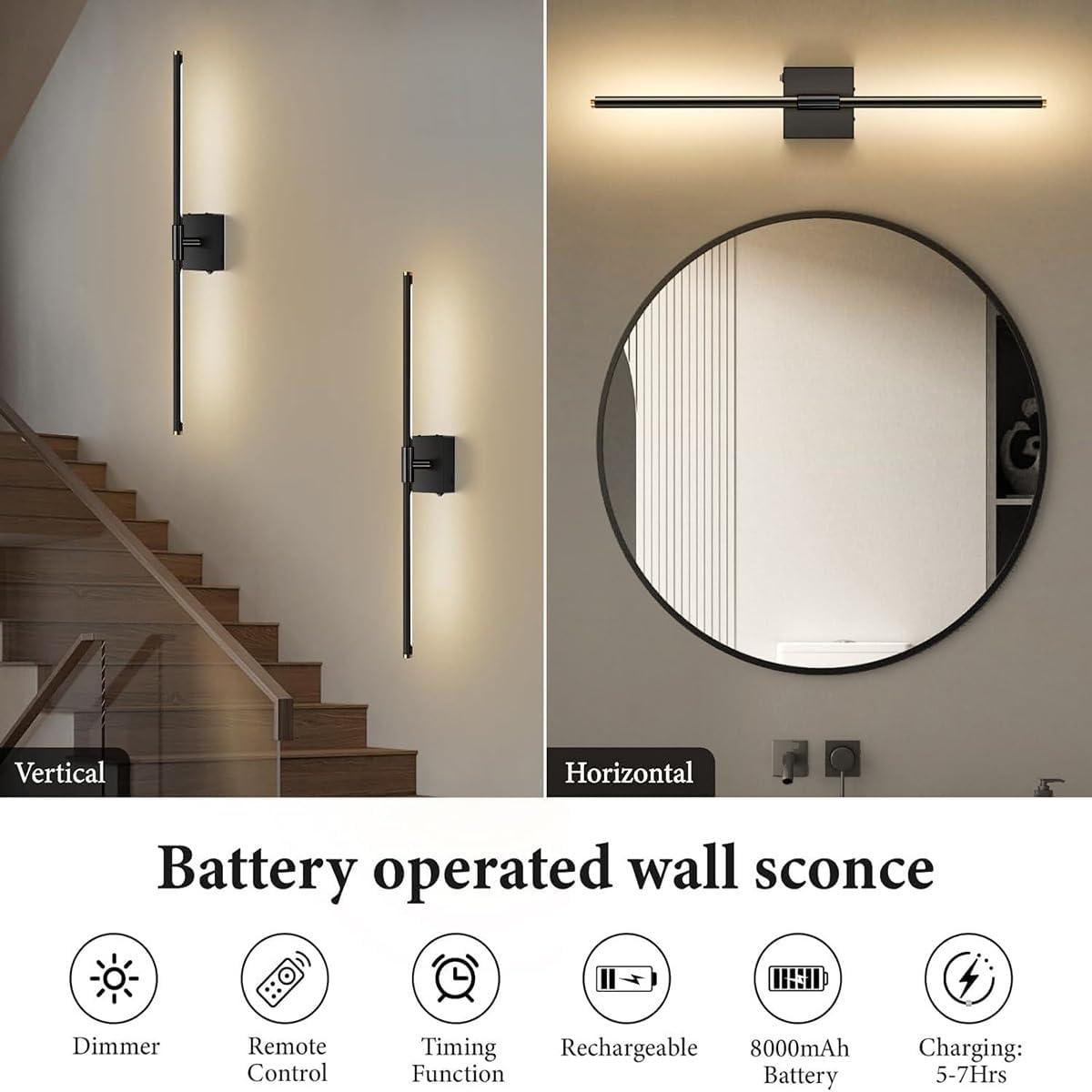 SAIMAND Wall Sconces Set of 2 Battery Operated, Wireless USB Rechargeable Wall Lights with Remote Control, 360° Rotation, 8000mAh LED Dimmable Picture Lamp for Living Room,Bedroom,Hallway (30in Black)