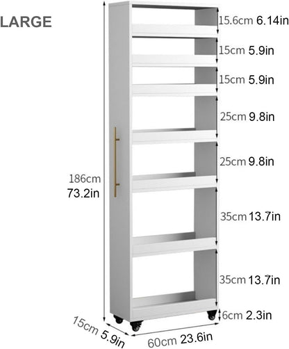 5.9'' Slim Rolling Storage Cart for Kitchen 7-Tier Narrow Wood Spice Rack with Handle Wheels Between Fridge or Pantry Space Saver(White,CH)