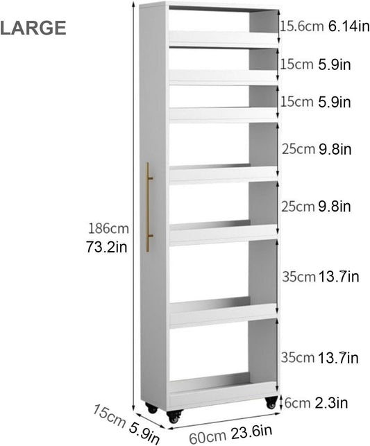 5.9'' Slim Rolling Storage Cart for Kitchen 7-Tier Narrow Wood Spice Rack with Handle Wheels Between Fridge or Pantry Space Saver(White,CH)
