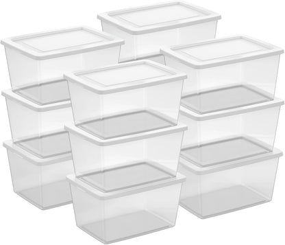 Sterilite 6 Pack Storage Box, 41 Quart Stackable Tote, Clear Plastic Container with Secure Snapping White Lids for Home and Office Organization