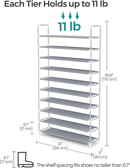 SONGMICS Shoe Rack, 10-Tier Shoe Shelf, Shoe Storage Organizer, 11 x 17.7 x 68 Inches, Metal Frame, Non-Woven Fabric Shelves, for Entryway, Bedroom, Black ULSH010B02
