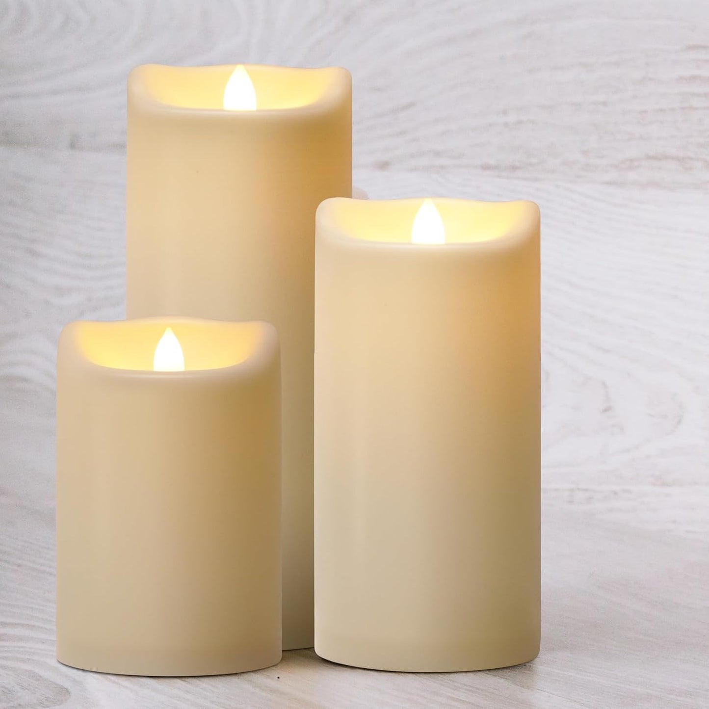 Flameless Flickering Candles with Remote and Timers, 1000 Hours Waterproof Outdoor Indoor Battery Operated LED Pillar Candles, Ivory Plastic, Set of 3(D 3" x H 4" 5" 6")