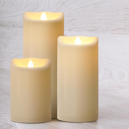 Flameless Flickering Candles with Remote and Timers, 1000 Hours Waterproof Outdoor Indoor Battery Operated LED Pillar Candles, Ivory Plastic, Set of 3(D 3" x H 4" 5" 6")
