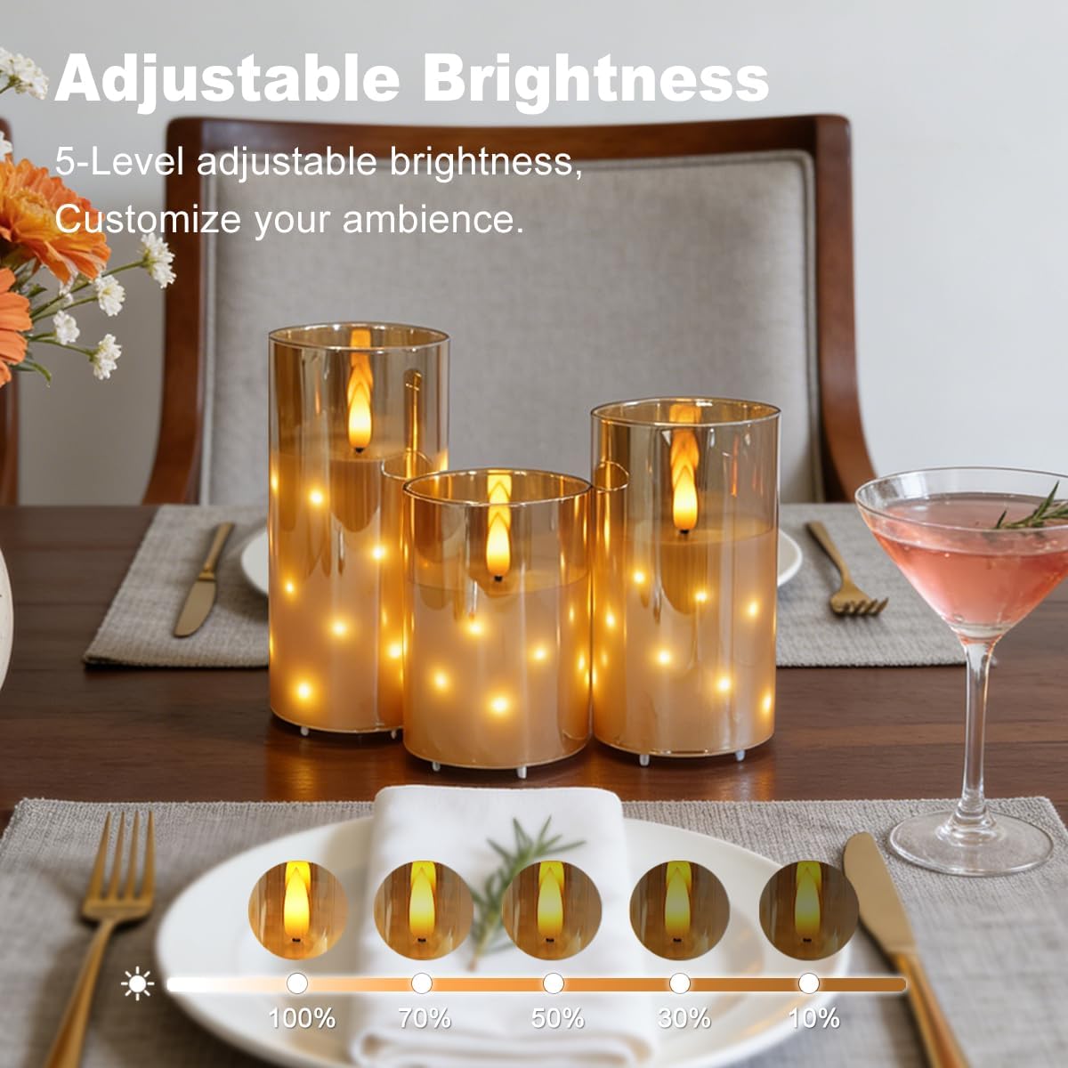 LEDHOLYT Rechargeable Flameless Glass Pillar Candles–Gifts for Women,–Set of 3, Realistic Flickering LED Light,Remote & Timer, Ideal for Living Room, Bedroom & Festival Wedding Home Party Decor