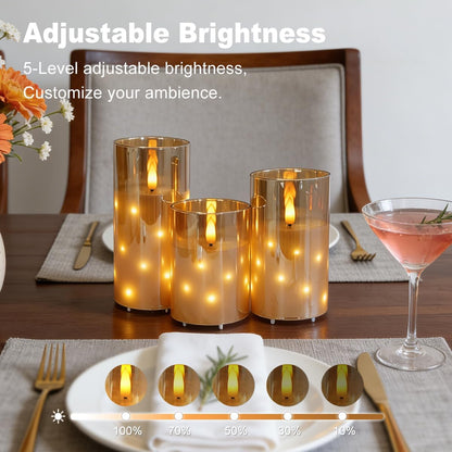 LEDHOLYT Rechargeable Flameless Glass Pillar Candles–Gifts for Women,–Set of 3, Realistic Flickering LED Light,Remote & Timer, Ideal for Living Room, Bedroom & Festival Wedding Home Party Decor