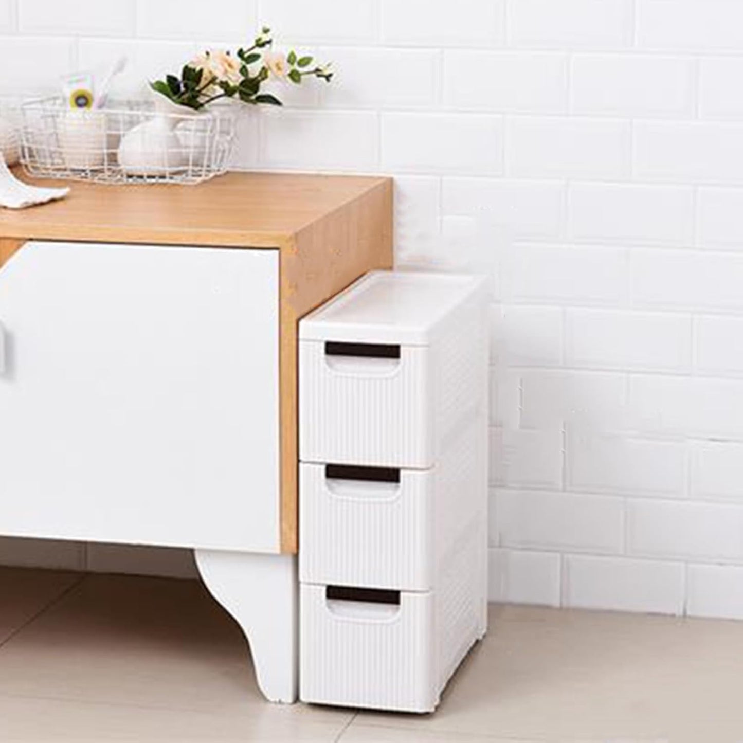 3 Drawers Slim Bathroom Storage Cabinet,Narrow Plastic Storage Cart,Rolling Dresser on Wheels for Bedroom,Living Room,Bathroom,Kitchen