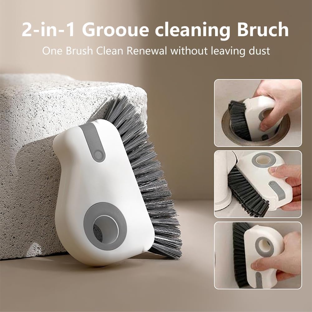 2 in 1 Groove Cleaning Brush, Window Track Cleaner Brush with Hidden Scraper, Crevice Cleaning Brush for Sliding Door Track, Window Sill, Narrow Gaps, Kitchen & Bathroom Cleaning Tool (White)