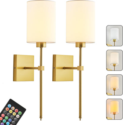 Battery Operated Wall Sconces Set of Two,Wireless Rechargeable Wall Light With Remote Control, Dimmable, Amber Light/Warm White/Natural White/Daylight/RGB, Timer,for Living Room,Bedroom,Entryway,Gold