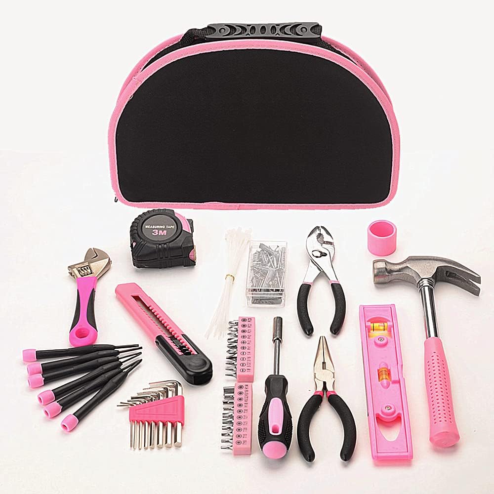 FLZOSPER 69-Piece Pink Hand Tool Set -Lady's Essential Home Repairing Tool Kit General Household Tool Set with 12-Inch Storage Tool Bag