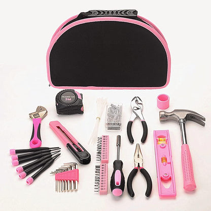 FLZOSPER 69-Piece Pink Hand Tool Set -Lady's Essential Home Repairing Tool Kit General Household Tool Set with 12-Inch Storage Tool Bag