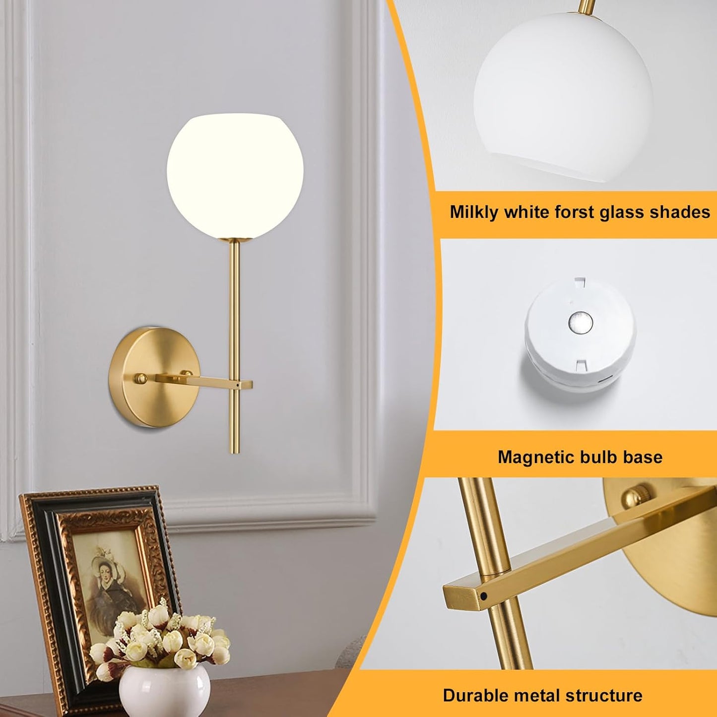 Brass Battery Operated Wall Sconces Set of 2, Rechargeable Wireless Wall Lights with Milky White Frosted Glass, 12 RGB and 3CCT Dimmable, Wall Lamps with Remote for Bedroom Living Room Hallway