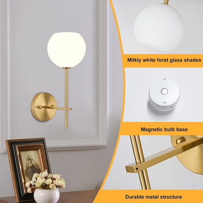 Brass Battery Operated Wall Sconces Set of 2, Rechargeable Wireless Wall Lights with Milky White Frosted Glass, 12 RGB and 3CCT Dimmable, Wall Lamps with Remote for Bedroom Living Room Hallway