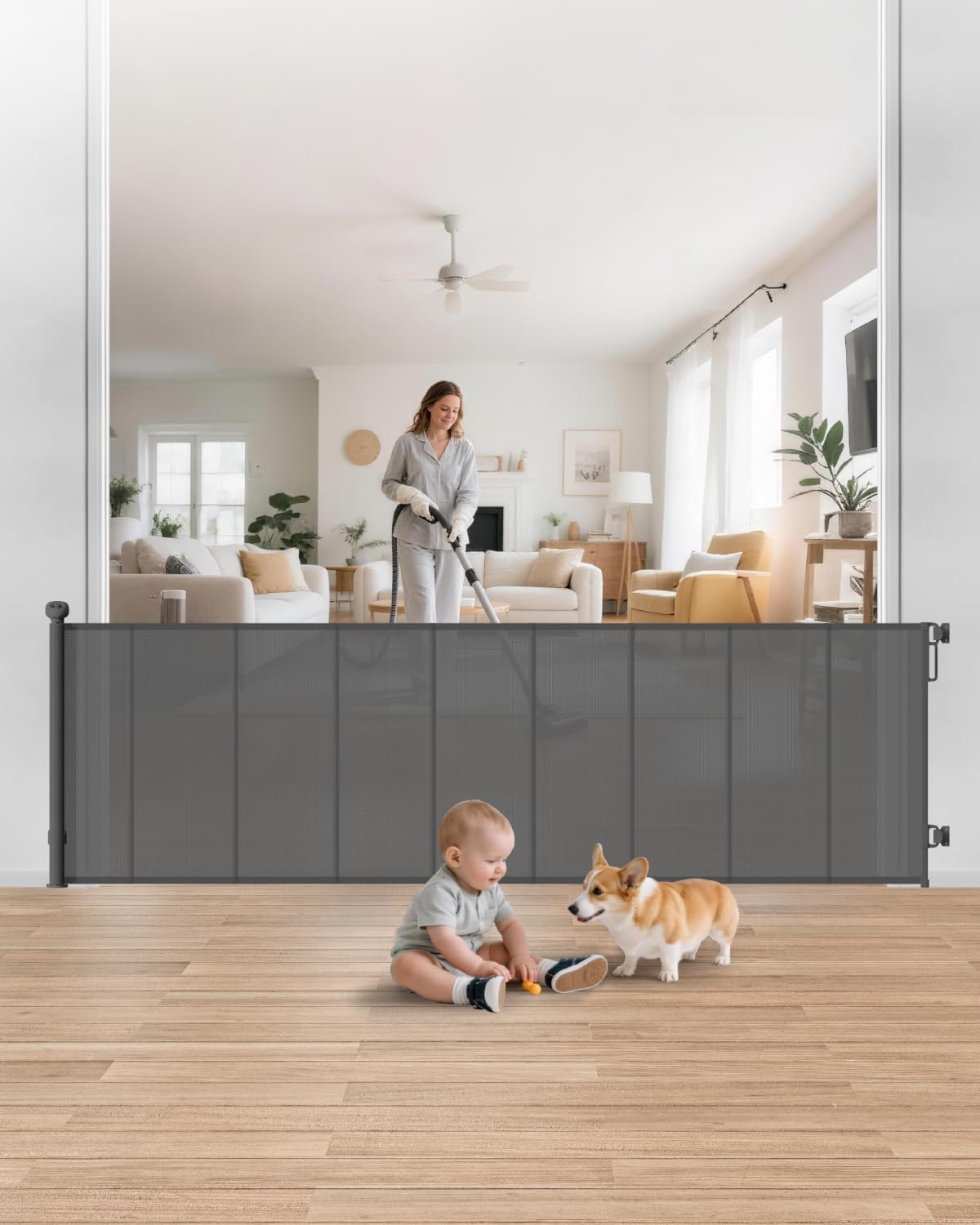 Retractable Baby Gate, 55" Wide Reinforced Mesh Baby Gate with 4 Fiberglass Support Rods for a Tighter Fit, 34" Tall Retractable Dog Gate for Stairways, Hallways and Doorways, Black