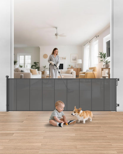 Retractable Baby Gate, 55" Wide Reinforced Mesh Baby Gate with 4 Fiberglass Support Rods for a Tighter Fit, 34" Tall Retractable Dog Gate for Stairways, Hallways and Doorways, Black