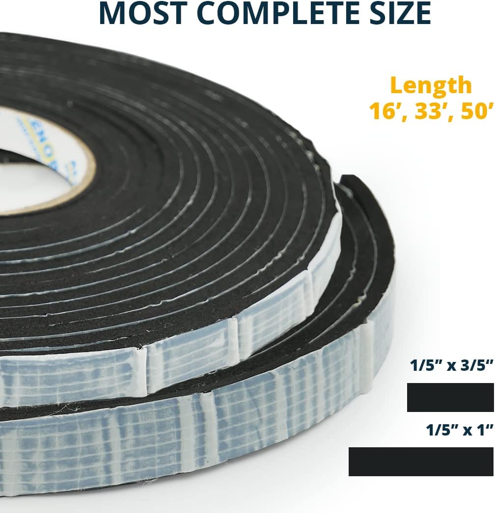 Alenor EPDM Black Foam Insulation Tape Self Adhesive 1/8"x1" x 50' Ft –Pack of 1- Weather Stripping for Doors & Windows,Soundproofing,Door Seal,Weatherstrip,Pipe Cooling,Air Conditioning Seal Strip